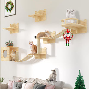 Cat Wall Shelves and Perches for Wall, Wooden Wall Mounted Cat Furniture, Set of 9