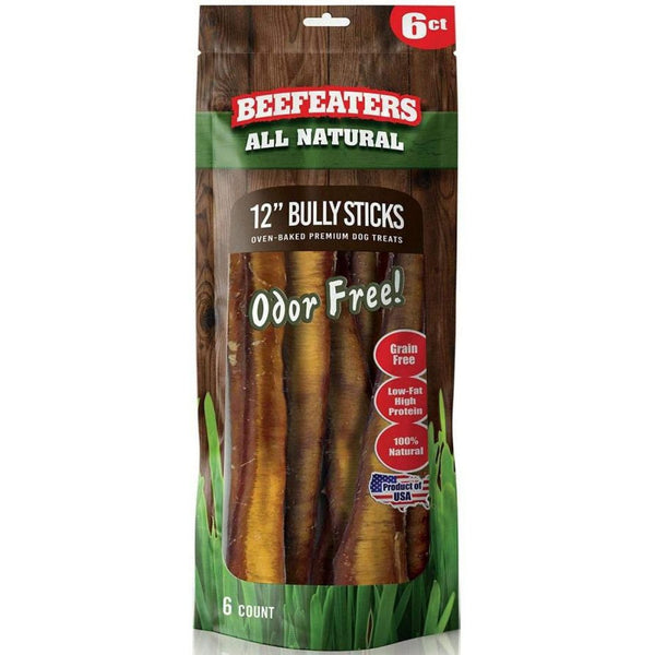 Beefeaters Natural No Odor Bully Stick Treats 12", 6 count-Dog-Beefeaters-PetPhenom