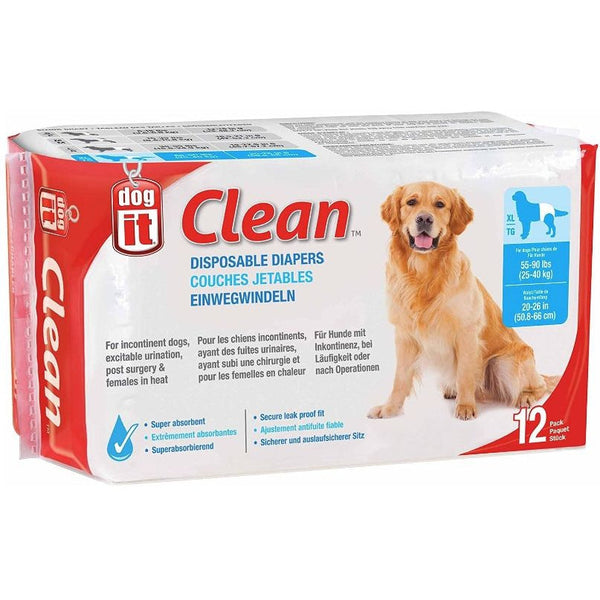 Dog It Clean Disposable Diapers, X-Large - 12 Pack - 55-90 lb Dogs - (20-26" Waist)-Dog-Dog It-PetPhenom