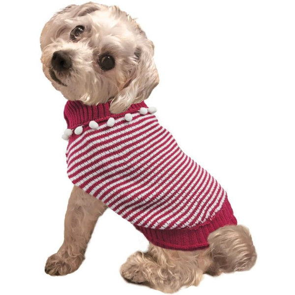 Fashion Pet Pom Pom Stripe Dog Sweater Raspberry, Medium-Dog-Fashion Pet-PetPhenom
