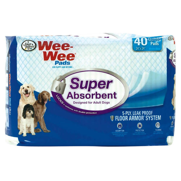 Four Paws Wee-Wee Super Absorbent Pads 40 count White 24" x 24" x 0.1"-Dog-Four Paws-PetPhenom
