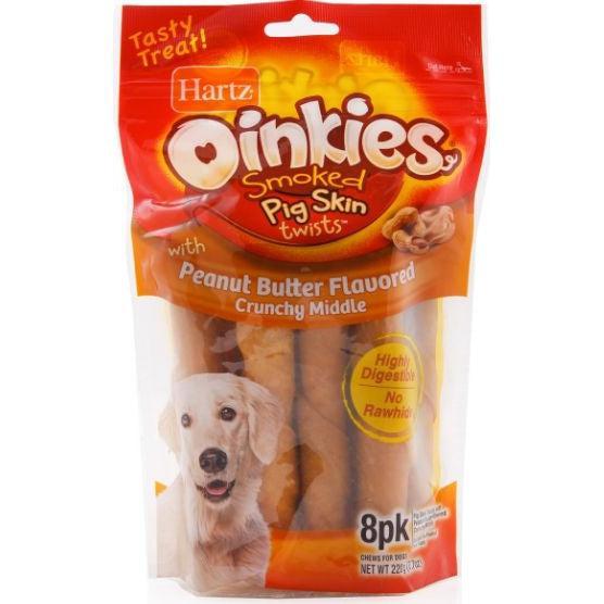 Hartz Oinkies Pig Skin Twists - Peanut Butter Flavor, 5" Long (8 Pack)-Dog-Hartz-PetPhenom