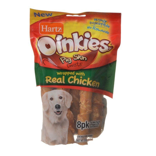 Hartz Oinkies Pig Skin Twists Wrapped with Real Chicken, Regular - 5" Long - 8 Pack-Dog-Hartz-PetPhenom