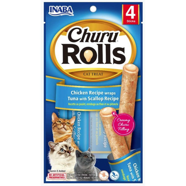 Inaba Churu Rolls Cat Treat Chicken Recipe wraps Tuna with Scallop Recipe, 4 count-Cat-Inaba-PetPhenom