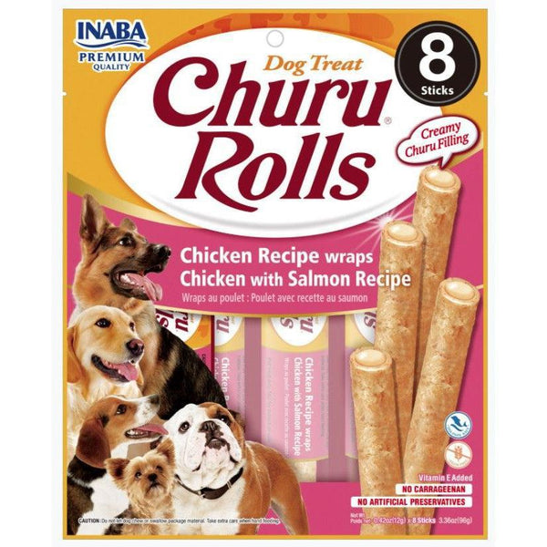 Inaba Churu Rolls Dog Treat Chicken Recipe wraps Chicken with Salmon Recipe, 8 count-Dog-Inaba-PetPhenom