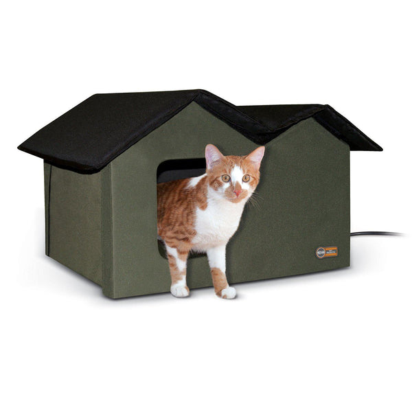 K&H Pet Products Heated Outdoor Kitty House Extra Wide Olive / Black 21.5" x 26.5" x 15.5"-Cat-K&H Pet Products-PetPhenom