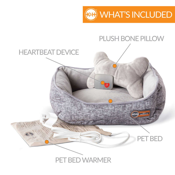 K&H Pet Products Mother's Heartbeat Heated Puppy Pet Bed with Bone Pillow Large Gray 20"x 16" x 7"-Dog-K&H Pet Products-PetPhenom