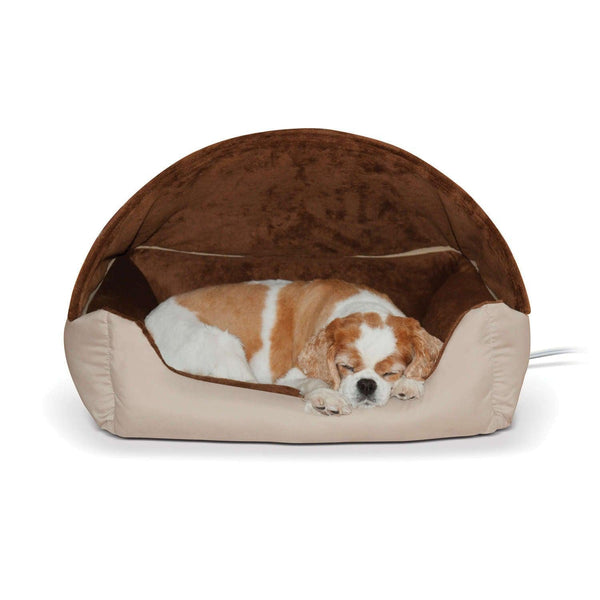 K&H Pet Products Thermo-Hooded Pet Lounger Bed Tan/Chocolate 20" x 25" x 13"-Dog-K&H Pet Products-PetPhenom