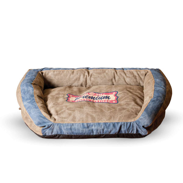 K&H Pet Products Vintage Bolster Pet Bed Premium Logo Small Brown / Blue 21" x 30" x 7"-Dog-K&H Pet Products-PetPhenom