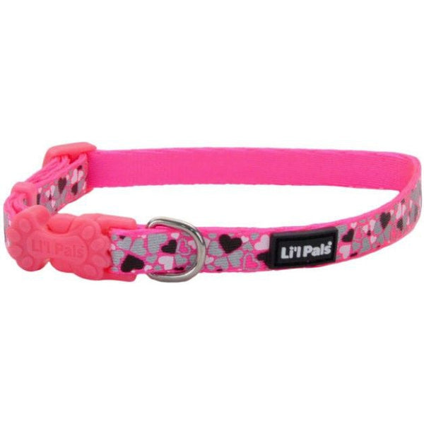 Li'L Pals Reflective Collar - Pink with Hearts, 6-8"L x 3/8"W-Dog-Li'l Pals-PetPhenom