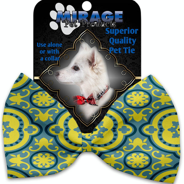 Mirage Pet Products Blue and Yellow Moroccan Patterned Pet Bow Tie Collar Accessory with Velcro