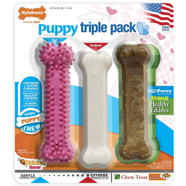 Nylabone Puppy Chew Toy and Treat Triple Pack Regular Pink-Dog-Nylabone-PetPhenom