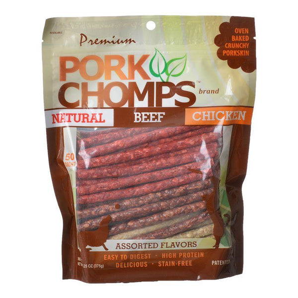 Premium Pork Chomps Assorted Munchy Sticks, 50 Pack - (Natural Beef & Chicken Flavors)-Dog-Scott Pet-PetPhenom