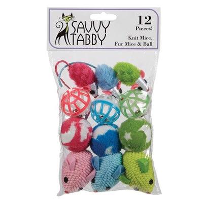 Savvy Tabby Knit Mice, Fur Mice & Ball Toys, 12 pk-Cat-Savvy Tabby-PetPhenom