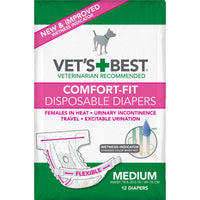 Vet's Best Comfort-Fit Disposable Female Dog Diaper 12 pack Medium White 5.18" x 4.75" x 8.5"-Dog-Vet's Best-PetPhenom