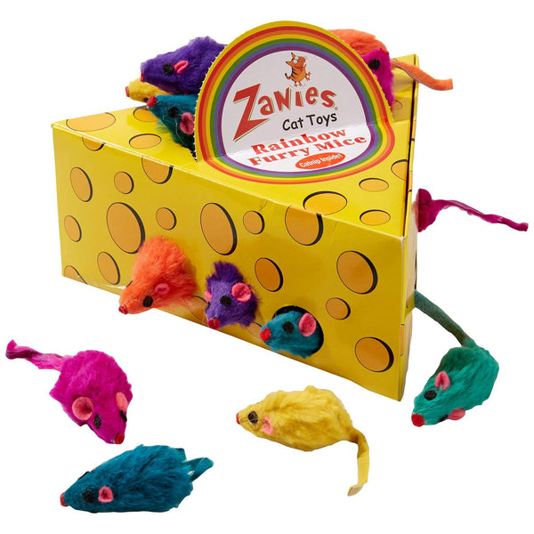 Zanies Cheese Wedge Display Box with 60 Rainbow Mice Cat Toy, Rainbow