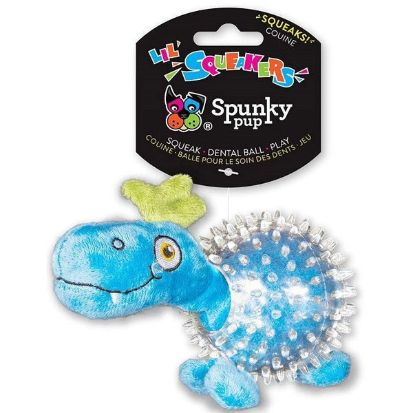 Spunky Pup Lil' Squeakers Dino In Clear Spiky Ball Dog Toy Assorted, 3 count